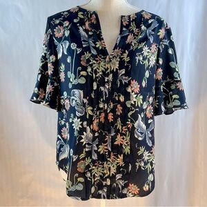 Ann Taylor Blue Wildflower Floral Short Flutter Sleeves Pintucked V Neck Top XS👍